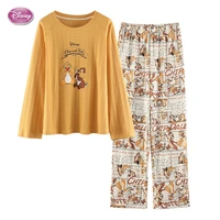 disney cartoon chip dale squirrel pattern cute pajama set women stripe long sleeve top sleepwear set female winter night wear