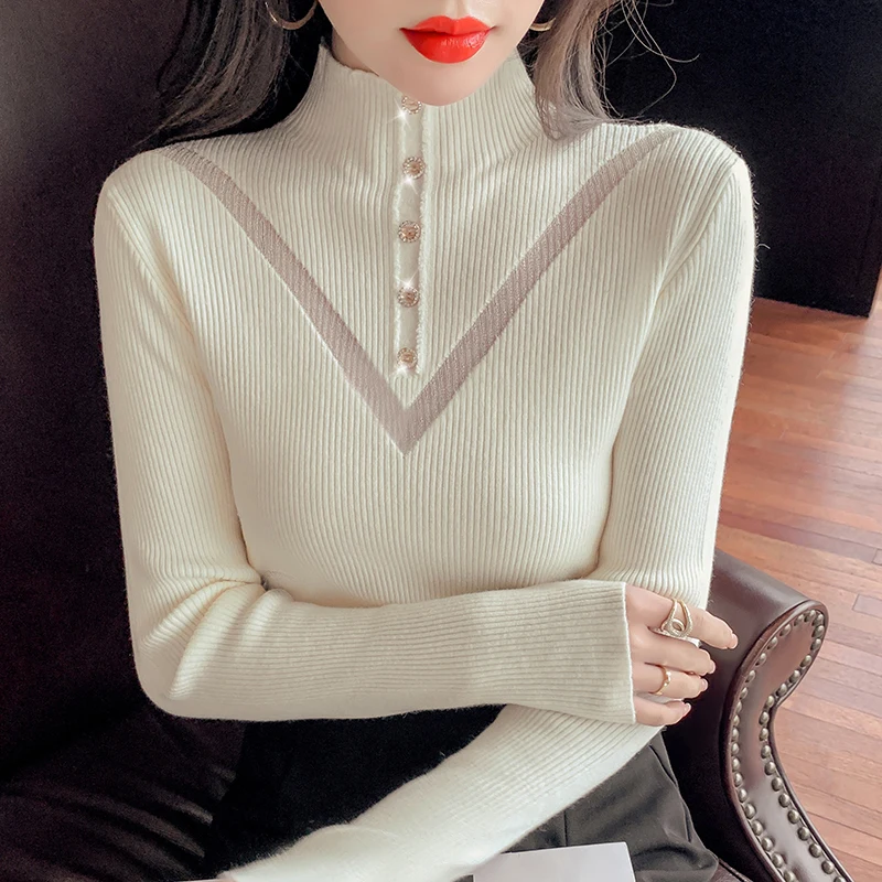 

Новинка 2021, осенне-зимний вязаный свитер, модные повседневные женские пуловеры с длинным рукавом и полувысоким воротником, элегантные обле...