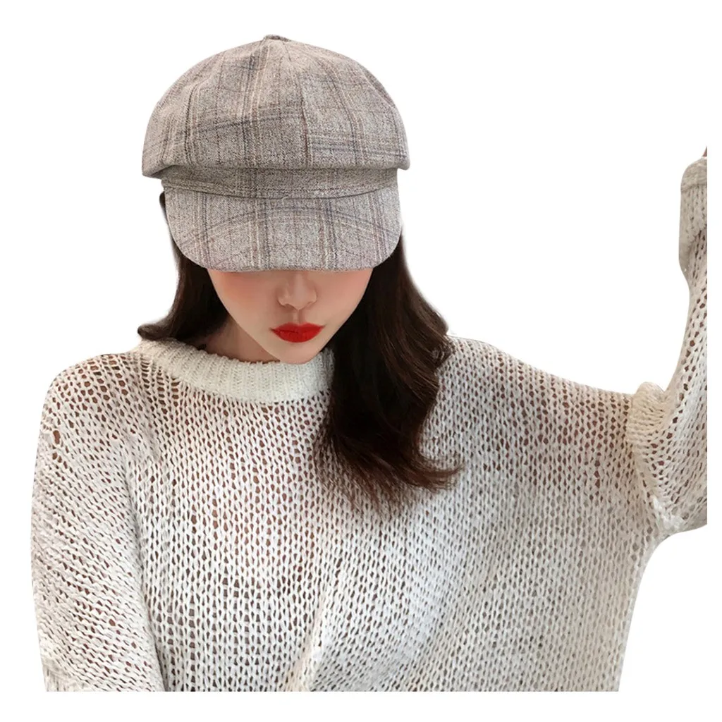 Beige Женские зимние шапки с козырьком, винтажная зимняя модная клетчатая шапка, Женская Повседневная Уличная Кепка для путешествий, берет, береты, Gorra Hombre - Цвет: Beige