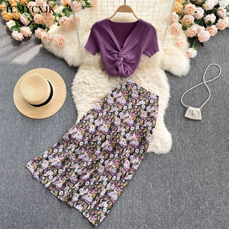 

Harajuku Women Summer Sets Twisted Knit Sexy Tops Women+High Waist Mid-length Floral Skirt Sexy Two Piece Set beach dress Female