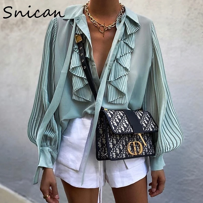 

Snican pleated sleeve cascading ruffle bow tie office ladies blouse chic fashion female tops za 2020 women camisas femininas new