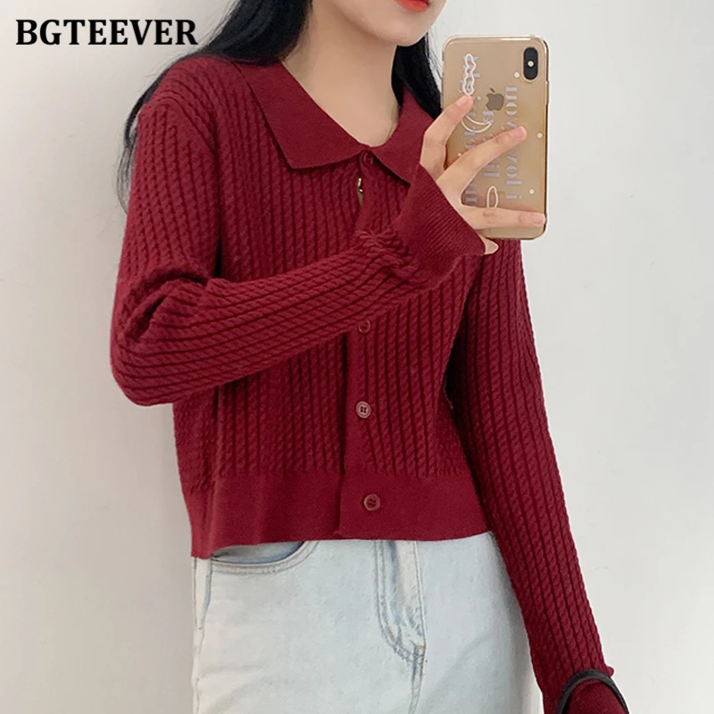 

BGTEEVER New Autumn Turn-down Collar Twisted Women Knitted Sweaters Cardigans Long Sleeve Single-breasted Ladies Knitting Tops