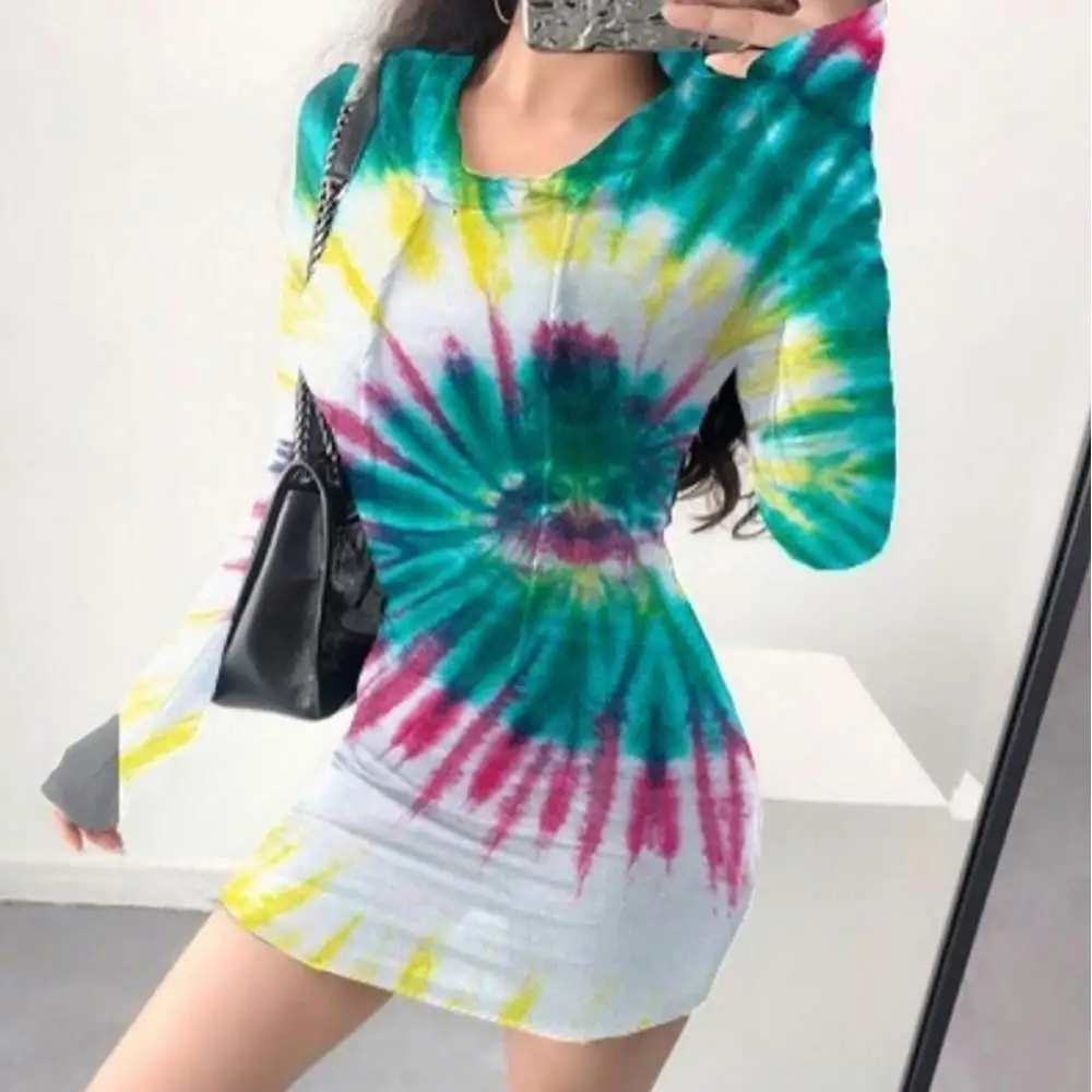 

Women Printed Tie Dye Hooded Mini Sweater Dress Drawstring Skinny Long Sleeve Spring&Autumn Casual Fashion Female Femea Vestido