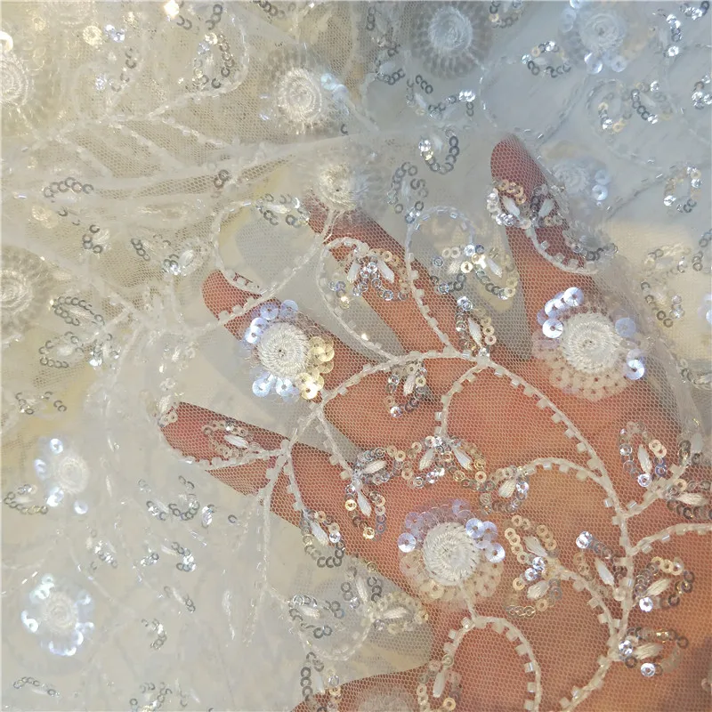 Супер блестящие! Вышитая бисером кружевная фатиновая сетка с блестками ткань