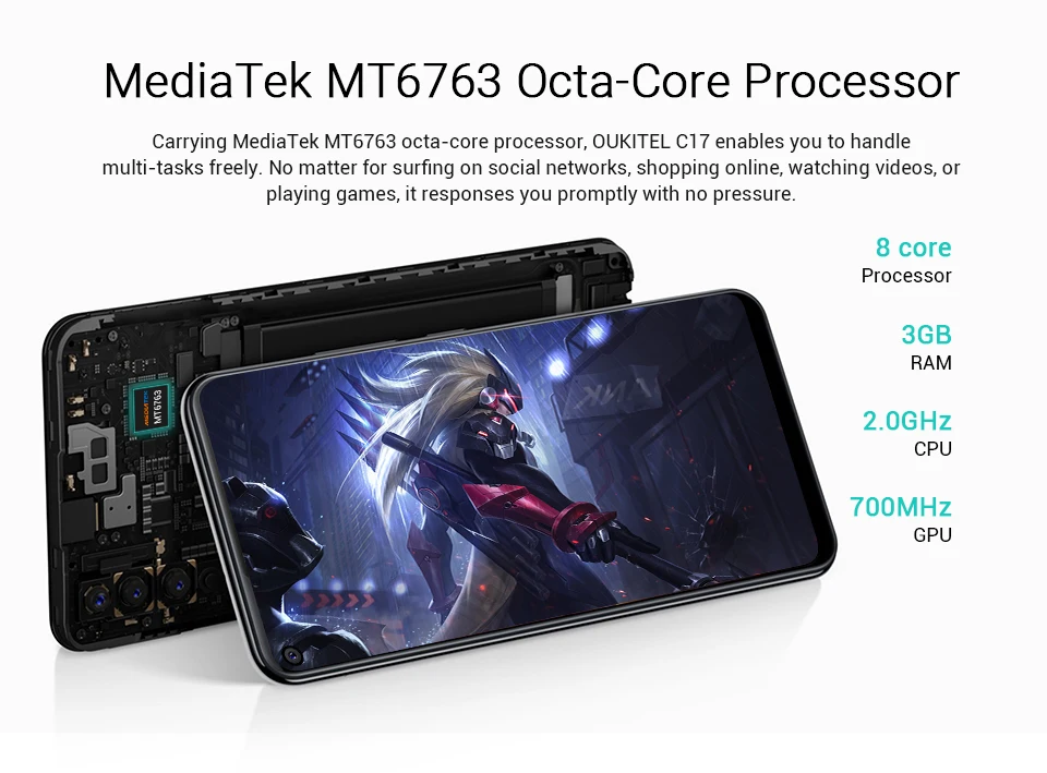 Смартфон OUKITEL C17 6,35 ''с тройной камерой MT6763, четыре ядра, Android 9,0, 3 ГБ, 16 ГБ, распознавание лица, отпечаток пальца, 4G, мобильный телефон, 3900 мА/ч