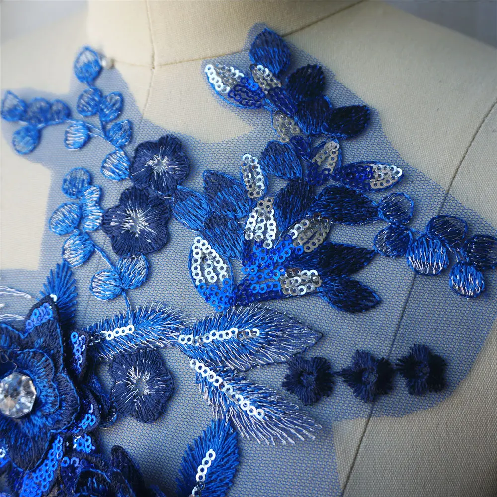 Цветочная кружевная ткань Королевского синего цвета с 3D цветами вышитые