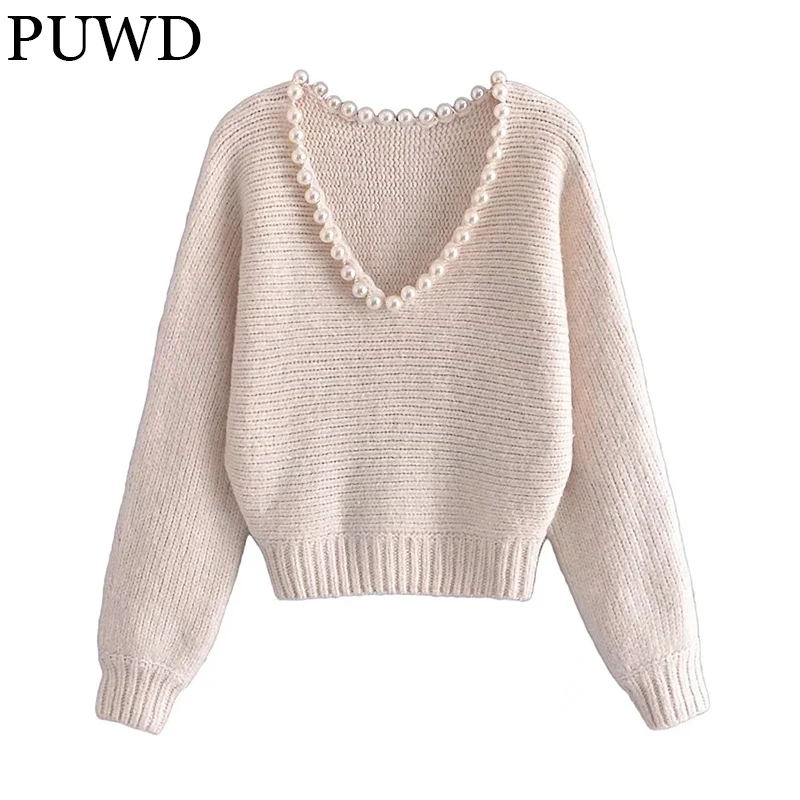 

Пуловер женский трикотажный с искусственным жемчугом и V-образным вырезом