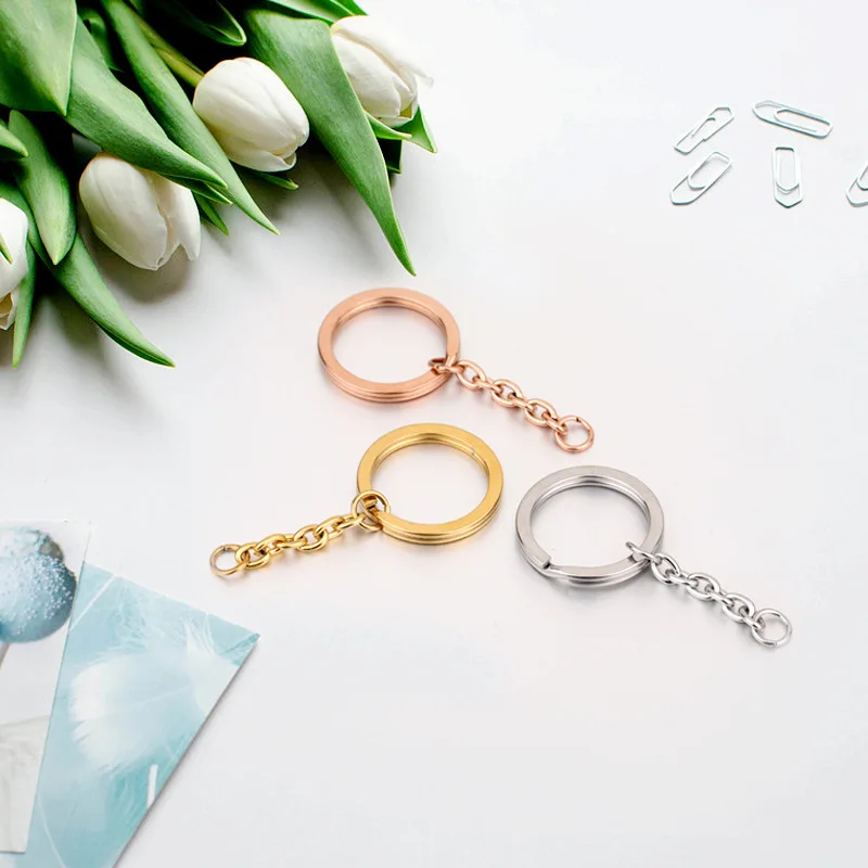 

Mirror Polished Stainless Steel Key Chain Hanging KeyRing Flat Ring With Extender Chain Gold Color/Rose gold/ Steel Color