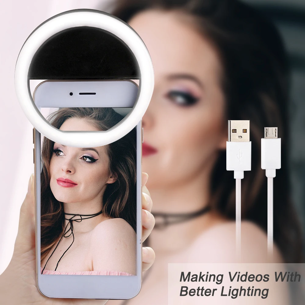 USB Recharge Black Портативный светодиодный Selfie кольцо света для iphone освещение ночной темноте фотография кольцо с зажимом селфи кольцо все смартфон заполняющий свет - Цвет: USB Recharge Black