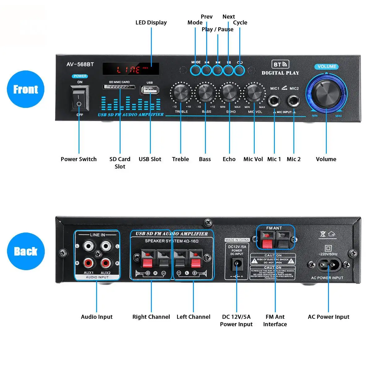 

1000W Power Amplifier 2CH Digital bluetooth Amplifier Audio Stereo Home Theater Amplifier Karaoke Music Center Built-in 2 Mic