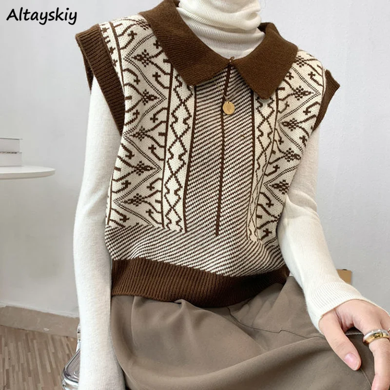 

Women Sweater Vests Turn-down Collar Stripes Stylish Vintage Japan Style Tender Temperament Ulzzang All-match Leisure Teens Cozy