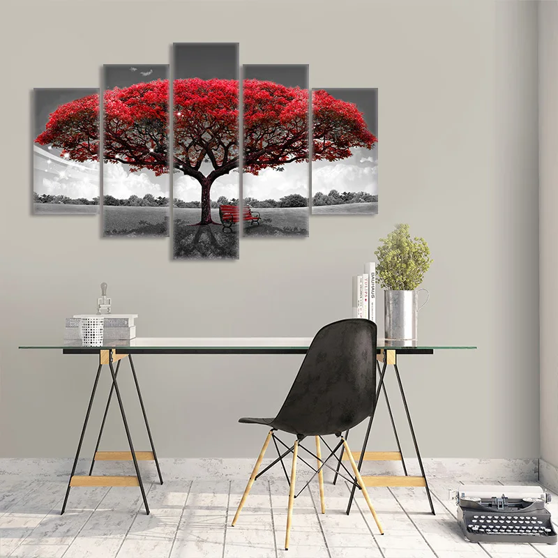 5 Panels Modular Red Leaves Tree Canvas Poster HD Printed Landscape Painting Wall Art For Living Room Decoration | Дом и сад