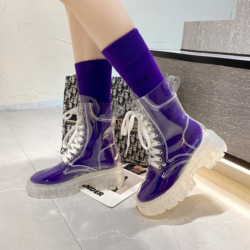 

Chunky Boots Women 2021 Transparent Platform Heels Designer Boots Woman Wedges Shoes for Women Ankle Boot Female Woman Booties