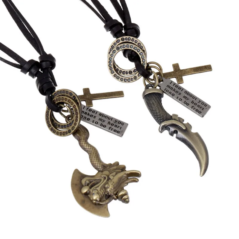 Fashion Vintage Chinese Stijl Hanger Ketting Legering Dragon Bijl Mes Charms Verklaring Cross Lange Lederen Ketting Mannen Punk Sieraden Fashion Vintage Chinese Stijl Hanger Ketting Legering Dragon Bijl Mes Charms Verklaring Cross Lange Lederen Ketting Mannen Punk Sieraden
