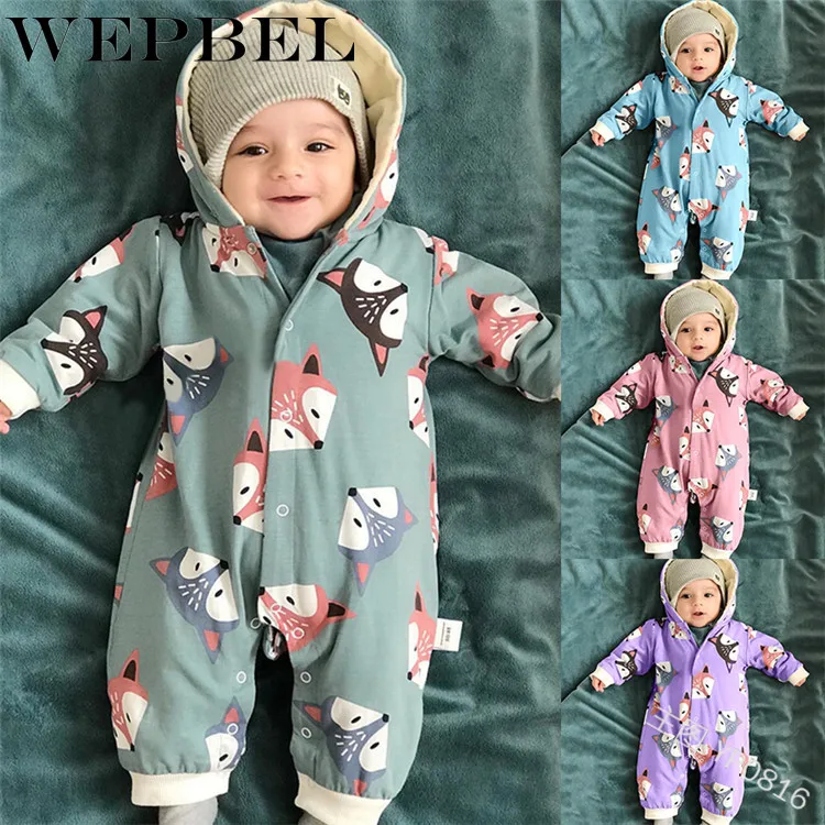 WEPBEL/Детские комбинезоны для новорожденных с милым рисунком лисы и капюшоном; сезон осень-зима; милый теплый повседневный Модный Детский комбинезон для малышей