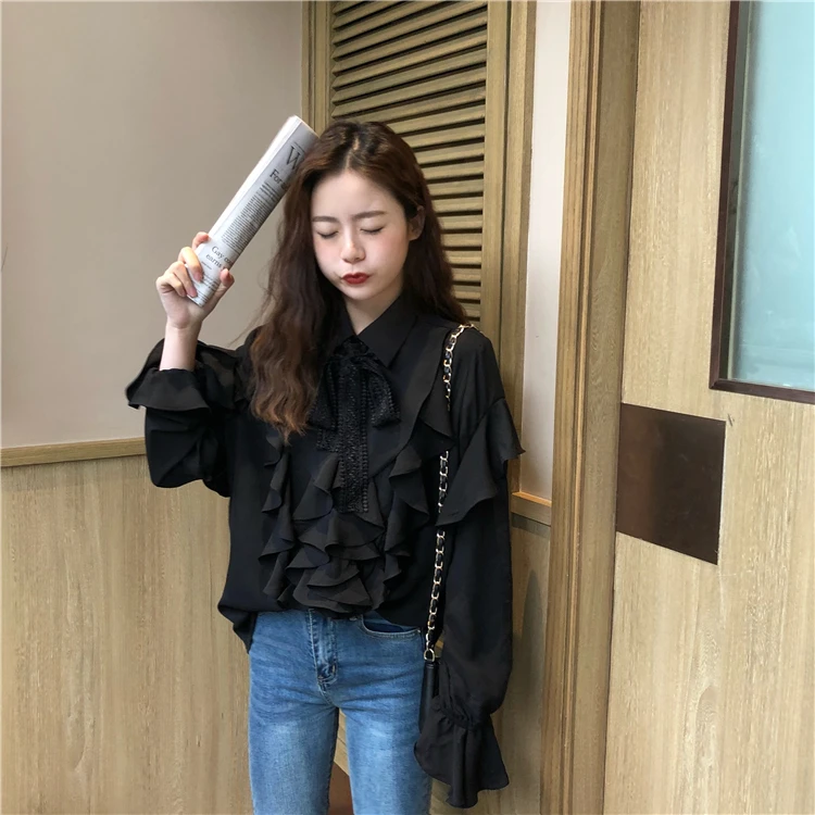

spring autumn blouse long sleeve preppy style tops Women's Clothing fashion brands ruffles lace up shirts blusas mujer de moda