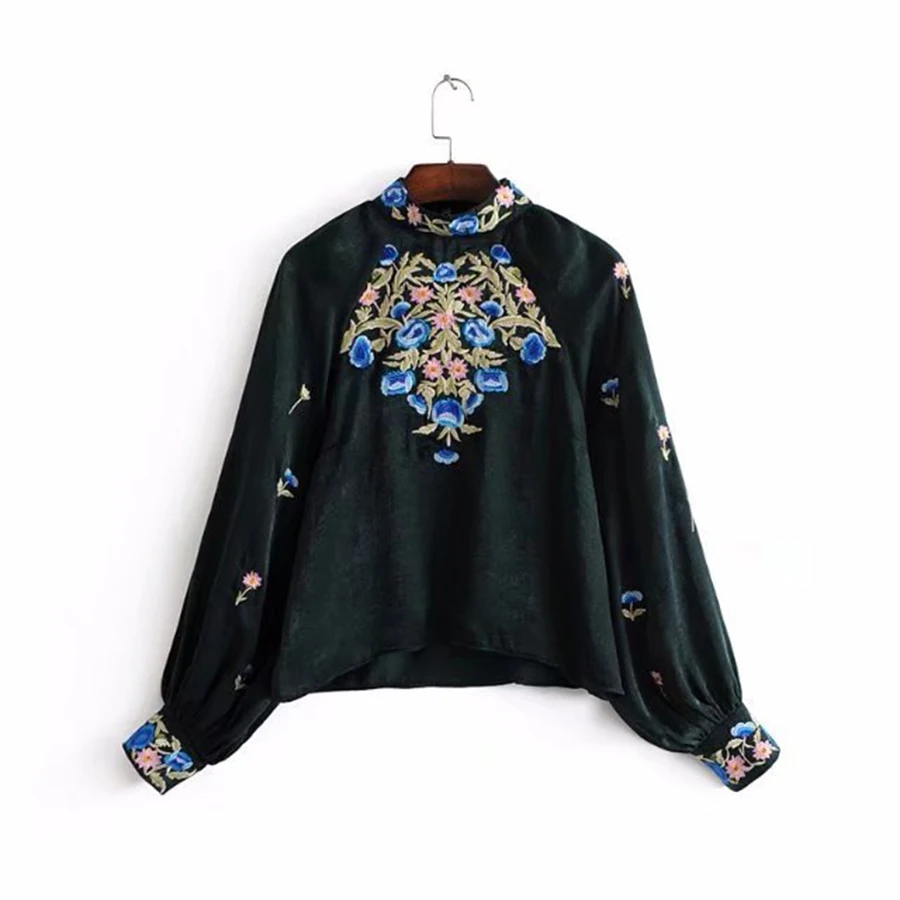 BOHO женские блузки 2019 Цветочная вышитая лампа с длинными рукавами из сатина