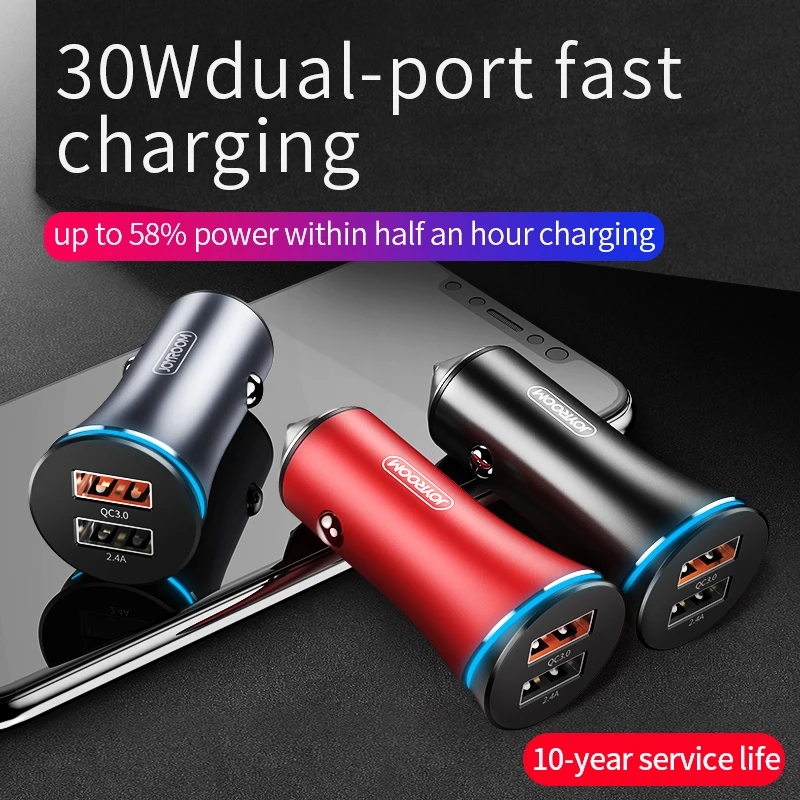 

Joyroom 30W USB Car Charger Quick Charge QC3.0+2.4A USB LED Fast Car Charger For iPhone Xiaomi Mobile Phone 12 Pro Max/24V