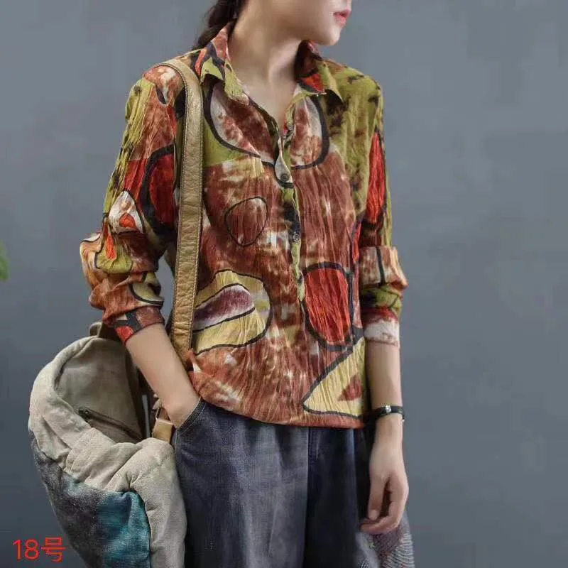 New 2021 Spring Arts Style Women Long Sleeve Turn-down Collar Loose Shirts Vintage Print Silk Linen Blouse Femme Tops V287