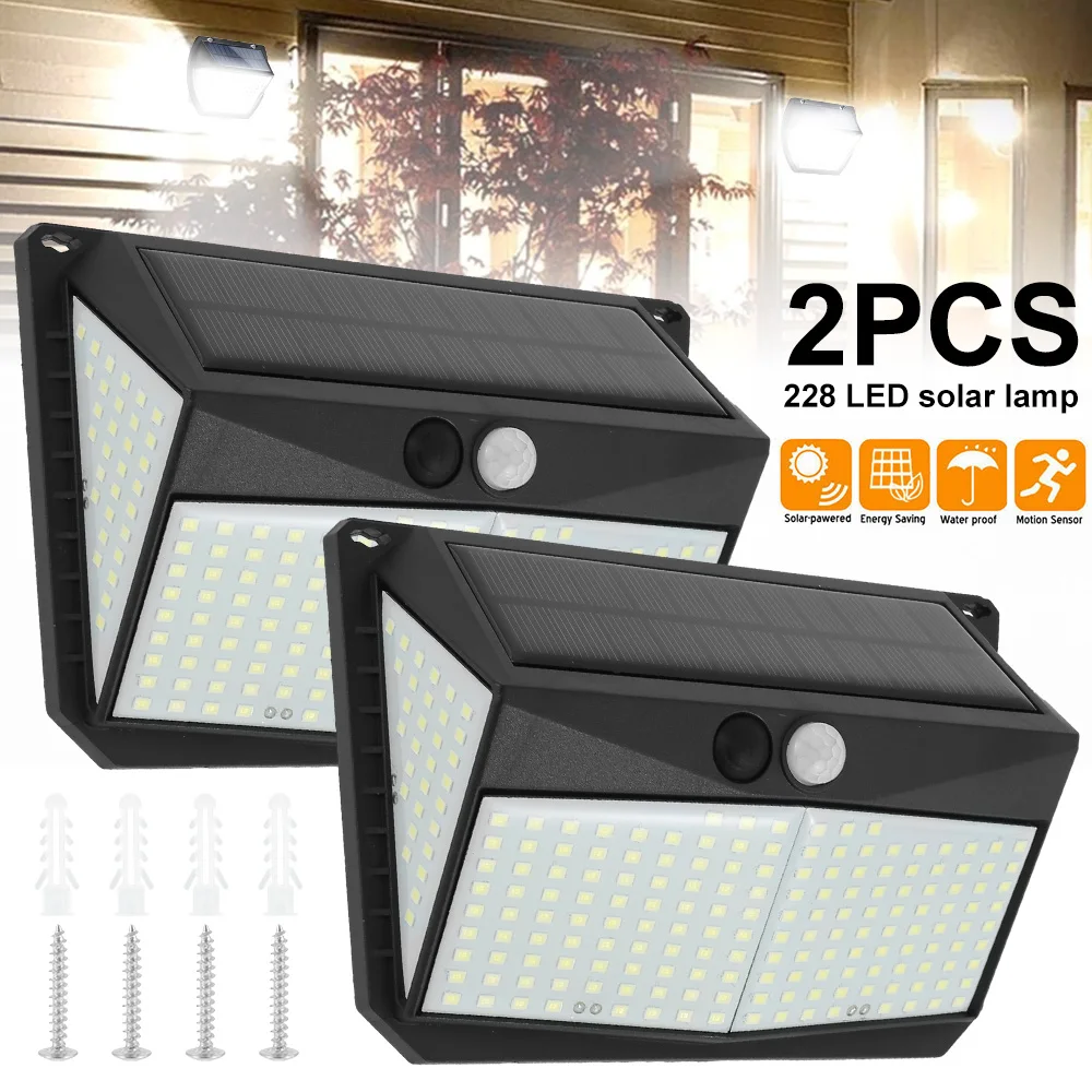 

2 PCS Solar Light Outdoor 228 LED Solar Light Motion Sensor Street Lights Wall Lamp Waterproof Sunlight Garden Decoration