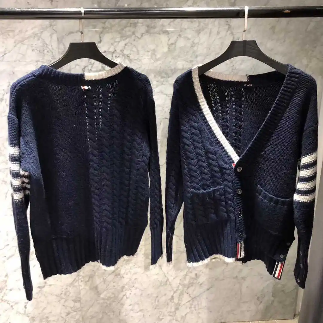 

2020 модный бренд tb мужские свитера длиной до бедра, женское платье с v-образным воротом, из кусков, шерстяной кардиган нерегулярный вязаное па...