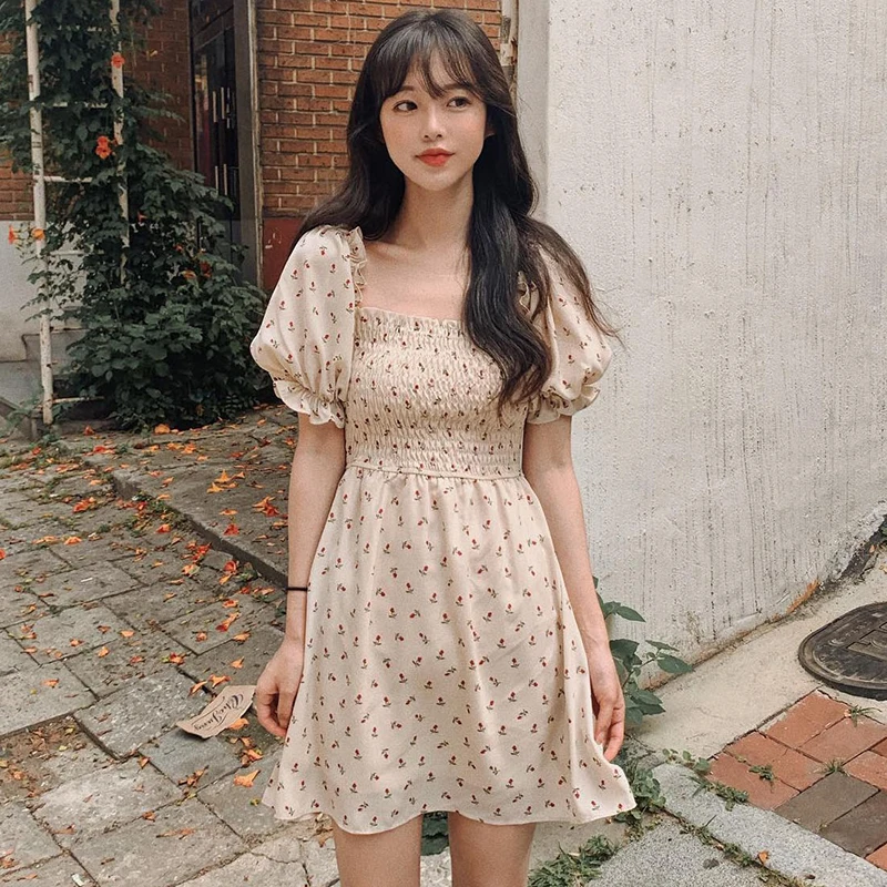 

Retro Puff Sleeve Square Neck Dress Womens Summer 2021 New Fashion Female Chiffon Floral Cute Black Mini Dresses Women