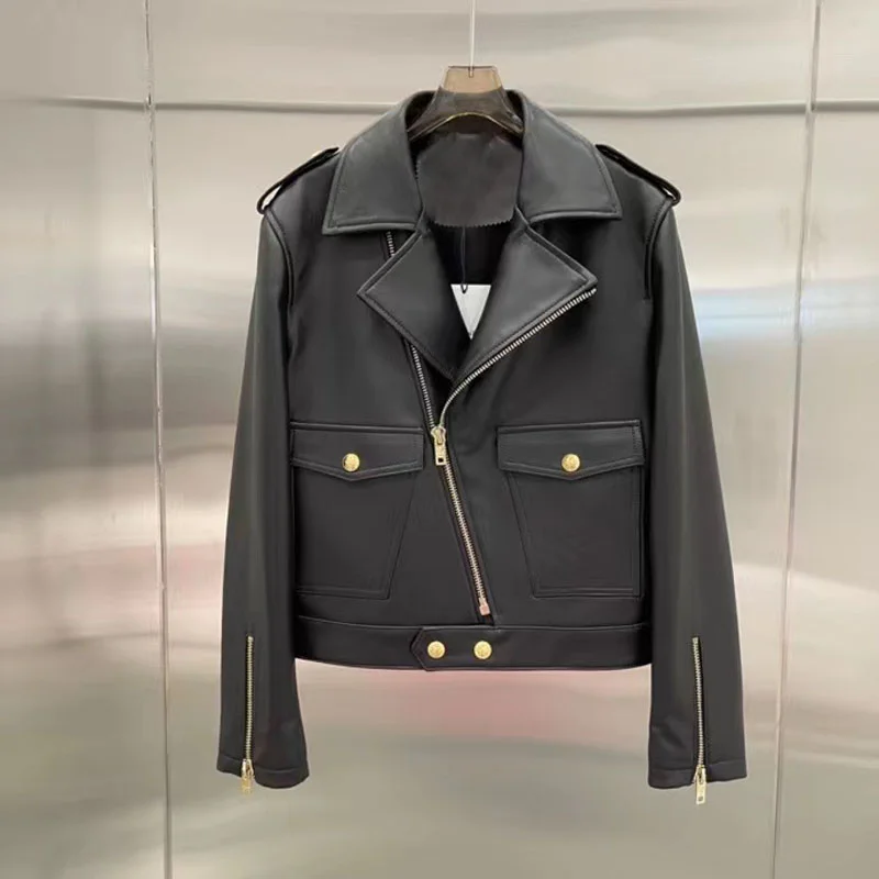 

SHZQ одежда для женщин Весна 2021 Новое поступление оригинальная куртка из натуральной кожи отложной воротник в стиле Джокер Локомотив Женская...