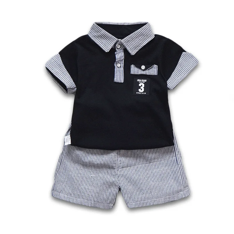 new children's clothing boys striped lapel Sets Boy Baby Short Sleeve 2 piece T-shirt + Shorts Kids Clothing |