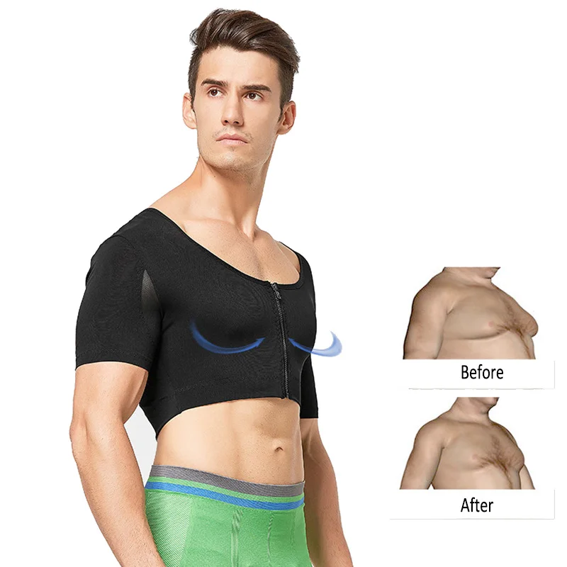 Fashion Mens Slimming Body Shaper Shapewear Chest Compression Shirt Workout Tops Undershirts Zipper Cross Back Tights T-Shirt |