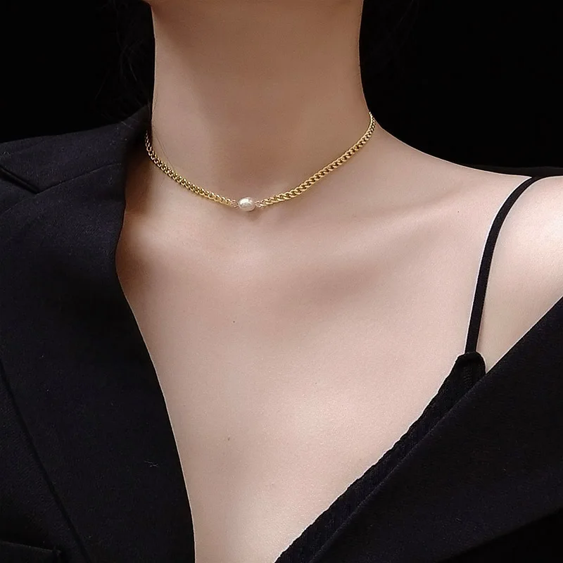 

Titanium With 18K Gold Real Natural Pearl Necklace Wowen Stainess Steel Jewelry Party Designer T Show Runway Gown Japan Korean