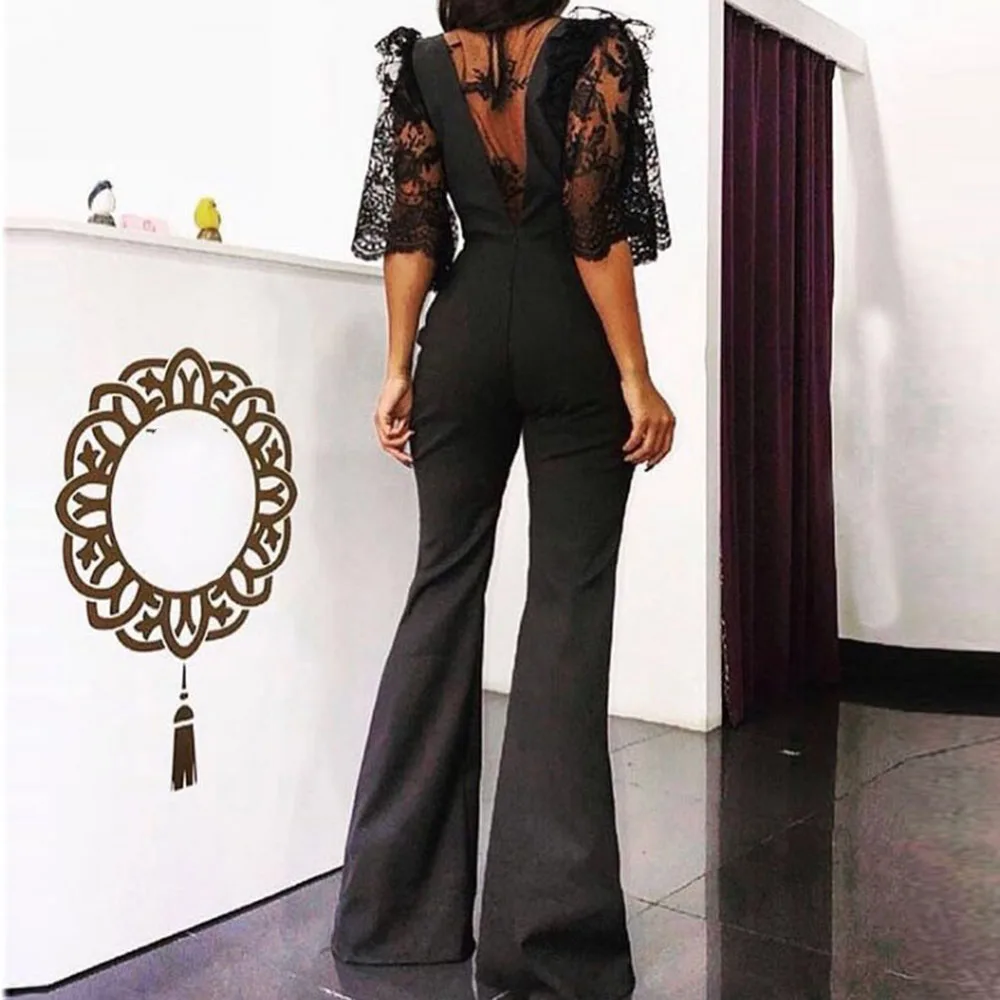 

Sexy V-neck Jumpsuit Women Lace Stitching Zipper Sleeve Slim Flared Trousers European Style Fashion Office Casual Spring