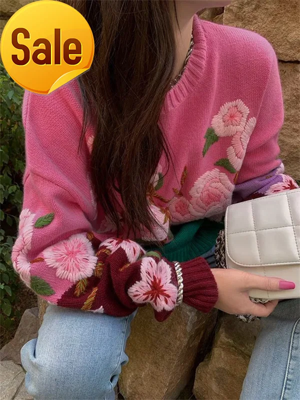 

Новинка Осень-зима 2021, тяжелая промышленная трехмерная вышивка, стандартный модный свитер, уменьшающий возраст