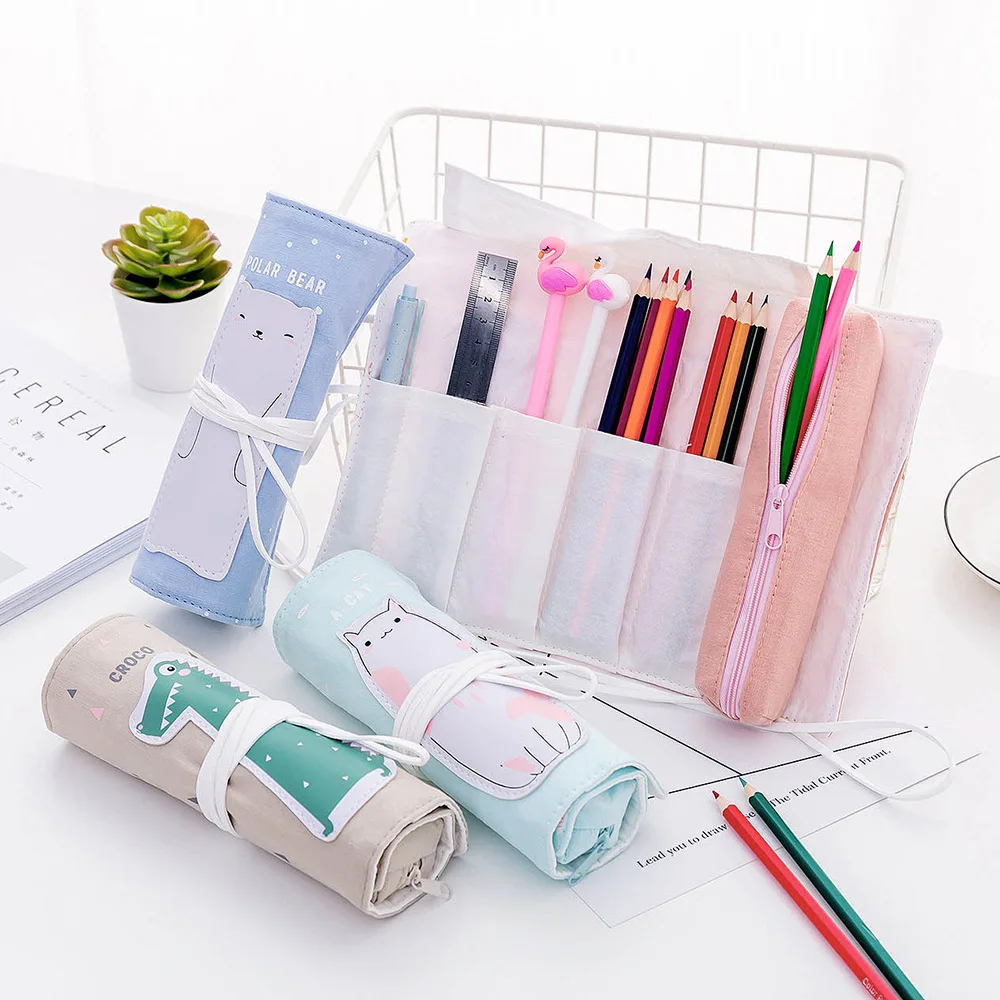 

Roll Up Pencil Case For Girls Canvas School Pencilcase Storage Bag Portable Pen Box Student Supplies