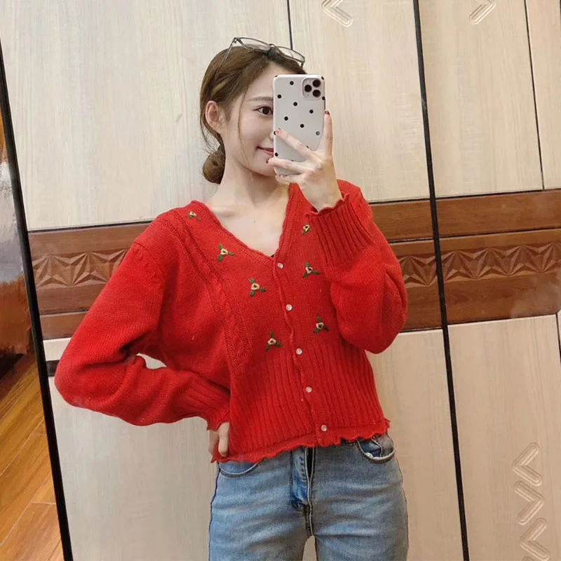 

Autumn Short Women Cardigan Open Stitch Printed Female Sweater With Button Fashion Long Sleeve Cardigans Ladies Outwear Femme