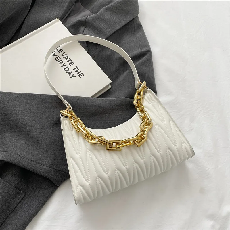 

Vintage PU Leather Solid Color Casual Shoulder Underarm Bags For Women Fashion Thick Chain Ladies Simple Small Shoulder Handbags