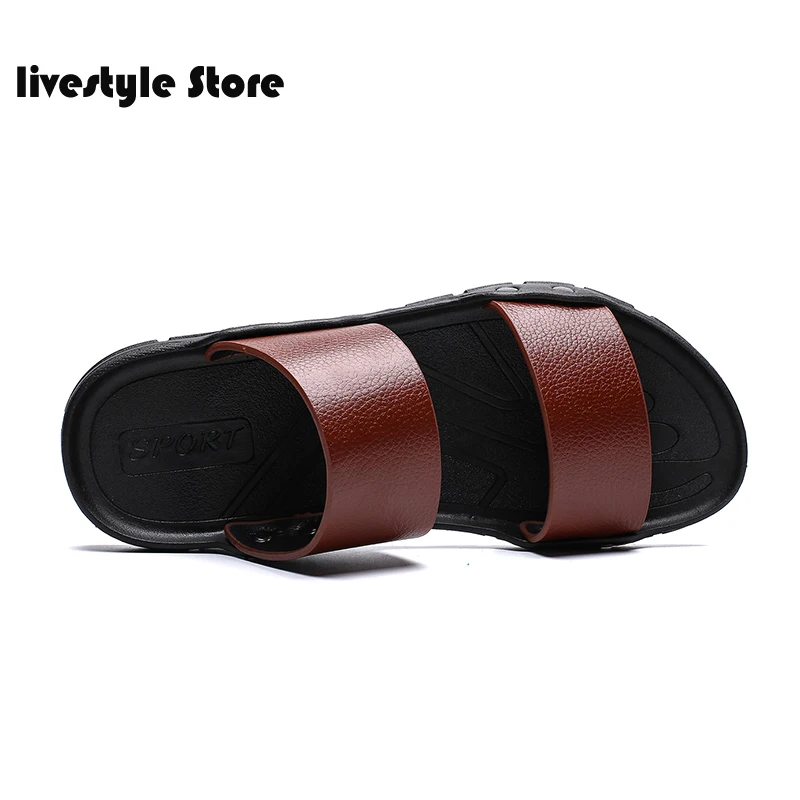 

2021 Casual Black Men Sandals Summer Slides Men Slippers Rivet Beach Sandals Split Leather Lazy Pedal Flip Flop Size 38-45