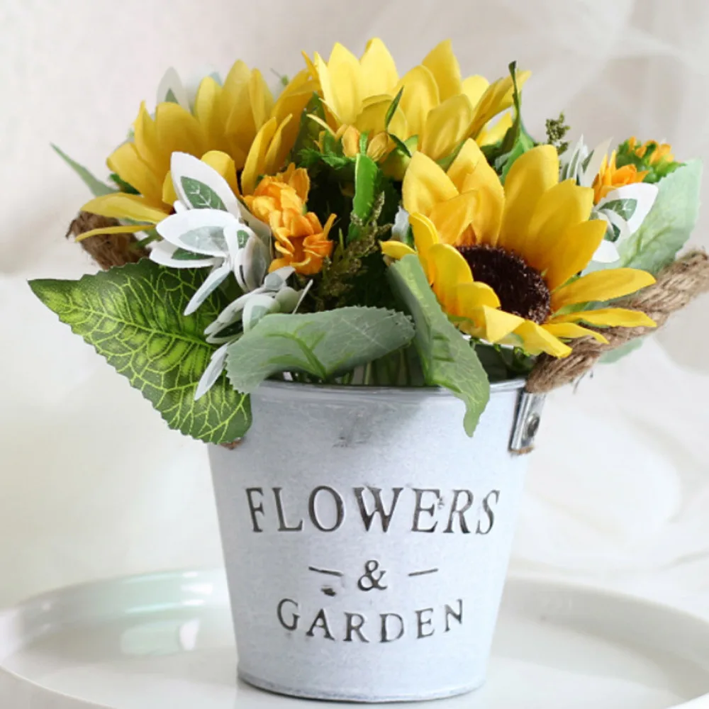 Sun Flower Metal Pot Bonsai Ornaments Plant Set Decorations Tin Bucket Artificial Daisy Bouquet With Vase Retro Sunflower | Дом и сад
