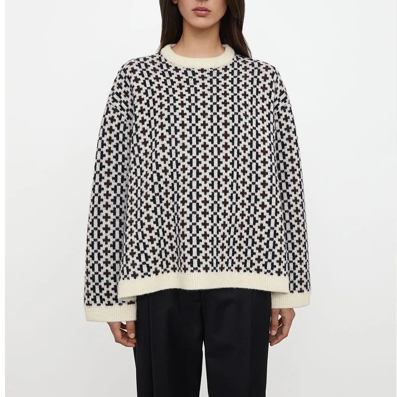 

Женский свободный свитер, жаккардовый шерстяной пуловер с круглым вырезом и разрезом, в стиле ретро, Осень-зима 2021