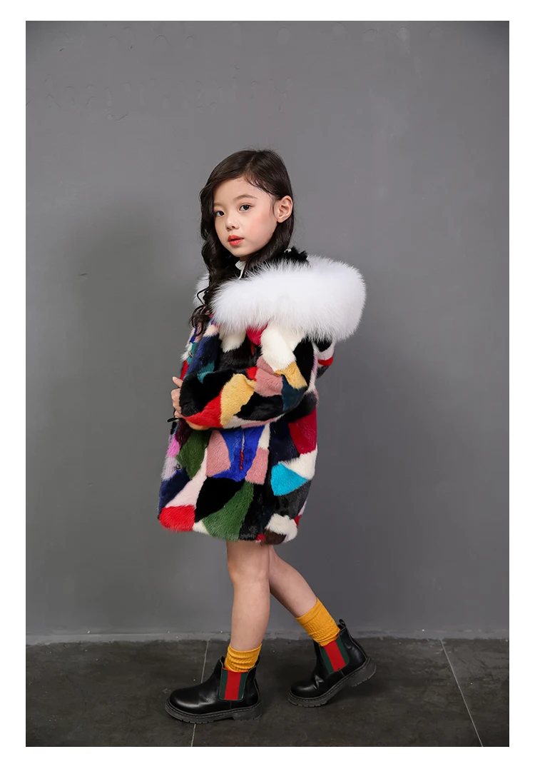 Новое Детское пальто из натурального меха норки с капюшоном лисьего детская