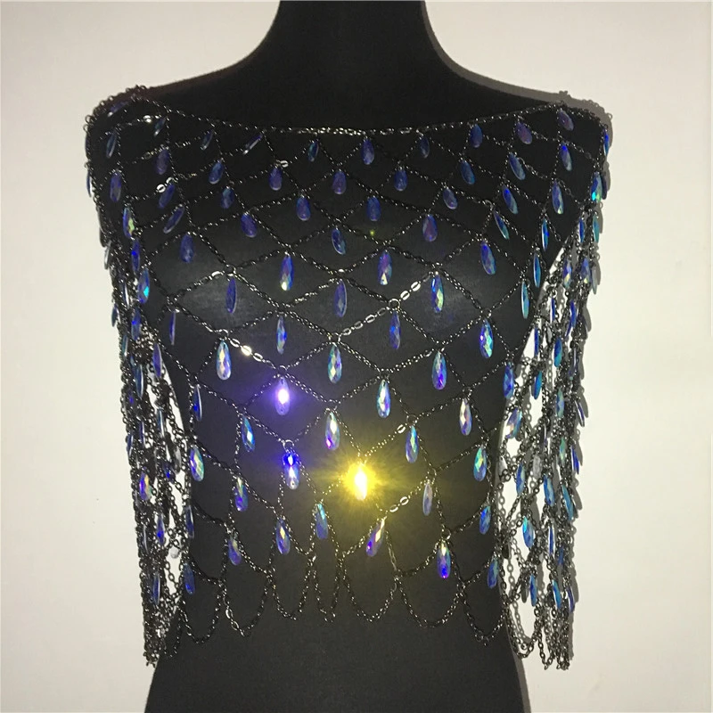 Bling дождевыми каплями драгоценные камни стразы металлические цепи безрукавки Для женщин Открытое платье с украшением в виде кристаллов кулон укороченный топ фестиваль летняя пляжная одежда, Топ