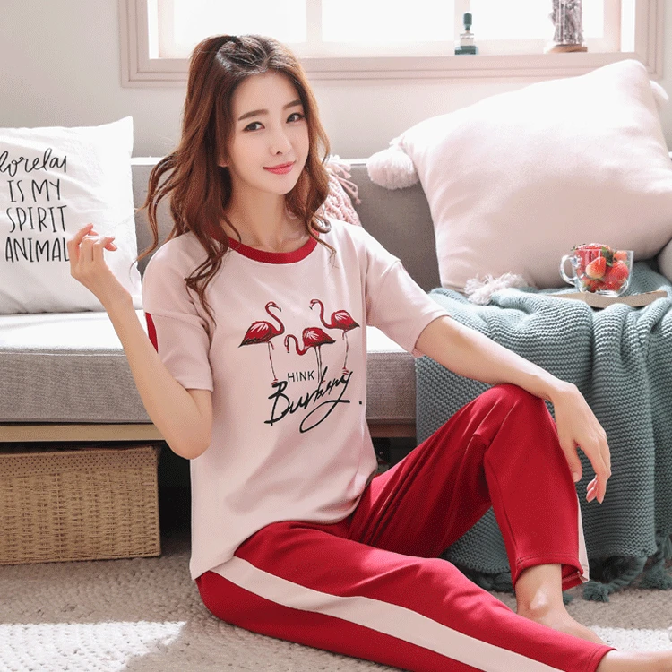 Пижама женская с коротким рукавом и брюками хлопковый осенний тонкий летний
