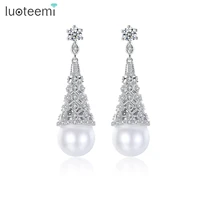 luoteemi vintage sliver color luxury bridal cz crystal waterdrop pearl stud earrings for women jewelry brincos wedding accessory
