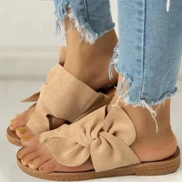 summer women retro slippers flock upper bow tied rubber sole flat non slip ring toe outdoor casual slides ladies shoes leisure