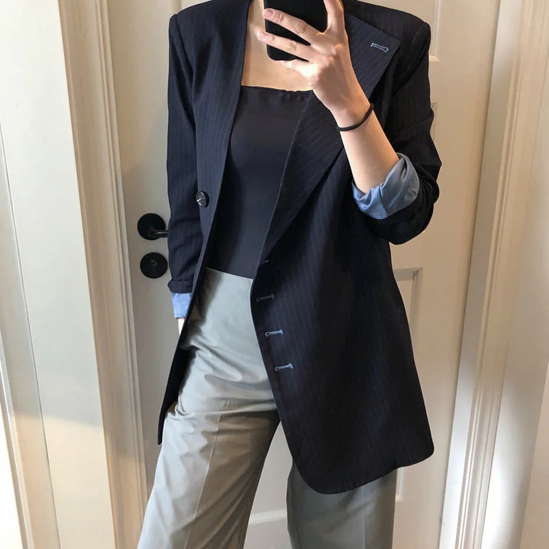 

Women Striped Navy Blue Blazer New Notched Long Sleeve Loose Fit Jacket Fashion Tide Spring Autumn 2021 Z277