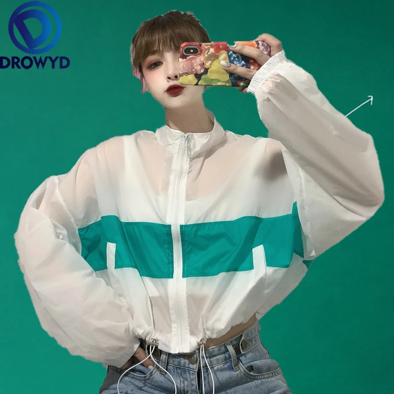 

Summer White Print Baseball Jacket Women Casual Pockets Hip Hop Transparent Bomber Tops Breathable Sunscreen Cardigan Loose Coat