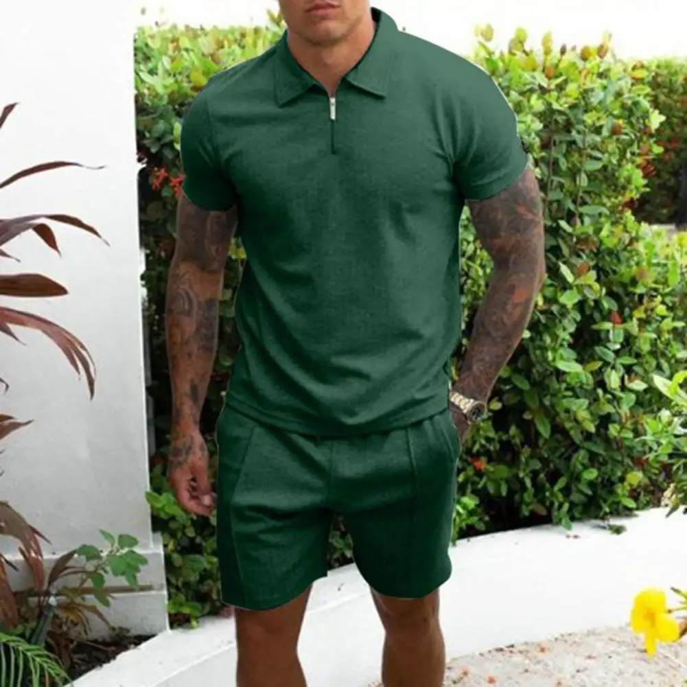 Men's Cotton Zipper Polo Short Sleeve Shirt Shorts 2-piece Set 2021 Summer Men's Lapel Solid Color Suit Fabric Sports Slim- Fit