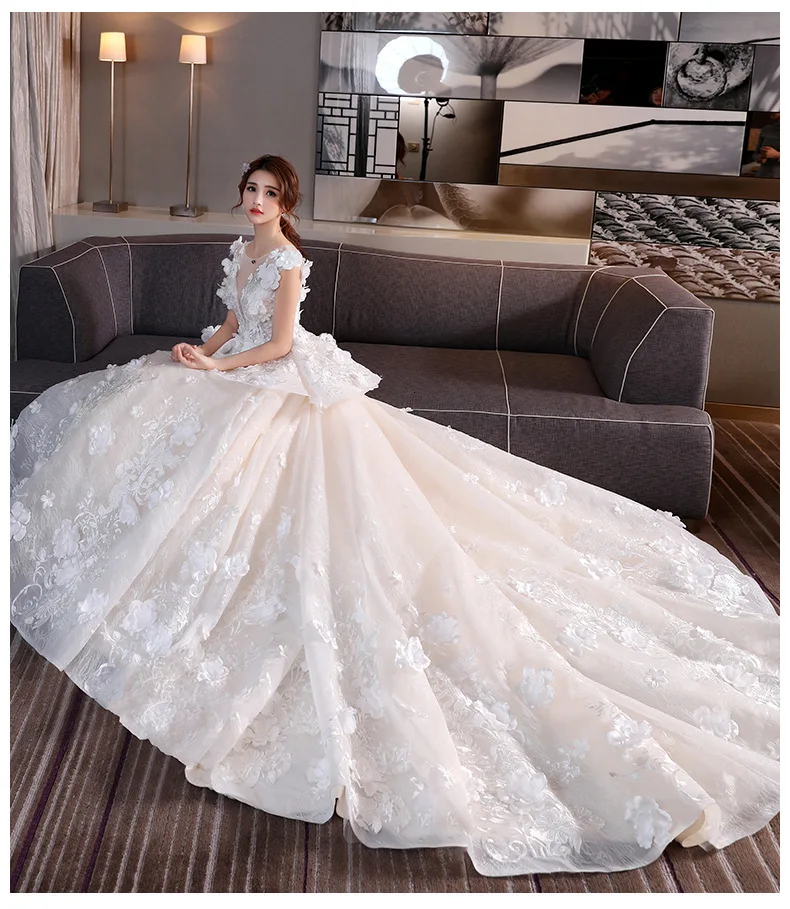 Vivian's Bridal 3d Цветочная аппликация роскошное свадебное платье Принцесса Иллюзия сетка Талия рюшами пушистое Свадебное бальное платье
