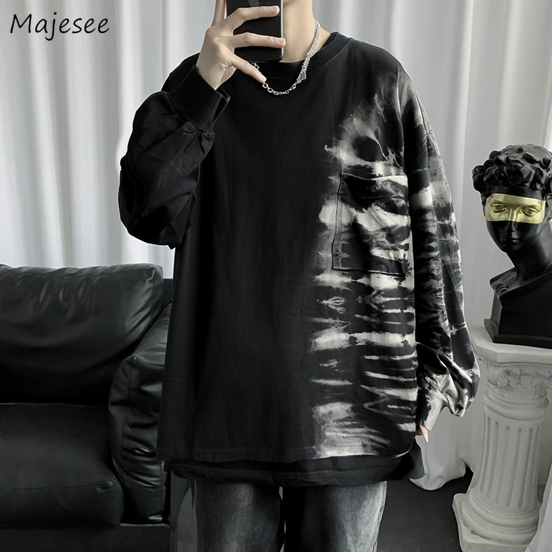 

Men No Hat Sweatshirts Tie Dye O-neck Long Sleeve British Style Ins New Trendy Leisure Designed Handsome Harajuku Simple Hoodies