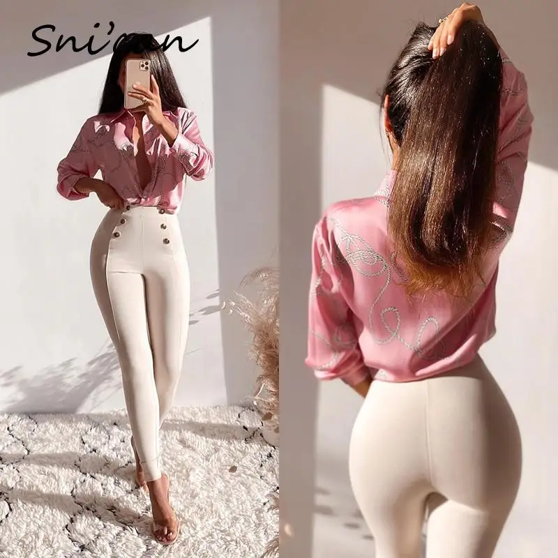 Женская атласная блузка с принтом цепей Za розовая винтажная большого размера