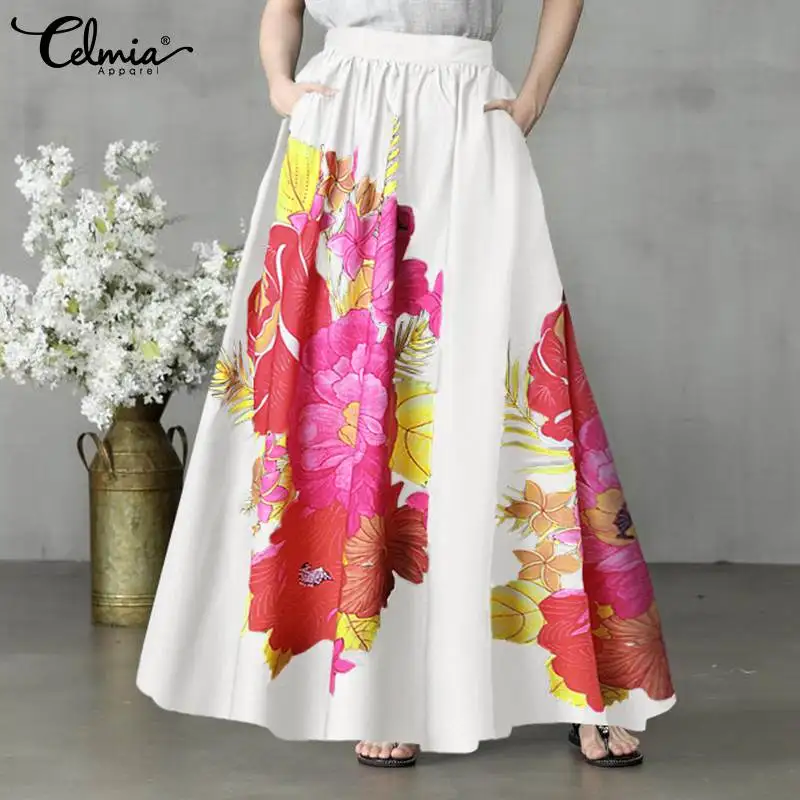 

Elegant High Waist Maxi Skirt Celmia Women Bohemian Floral Print Skirt Casual A-line Long Skirt Fashion 2022 Summer Party Faldal